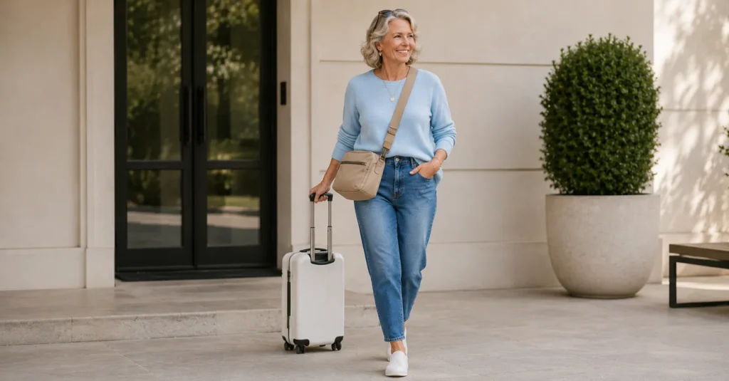 Comfortable Senior Jeans 2027 travel outfit with tapered jeans and walking shoes.