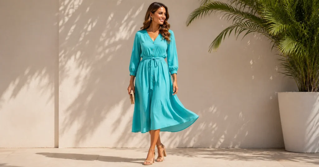 Elegant Turquoise Outfit featuring a flowing turquoise midi dress.