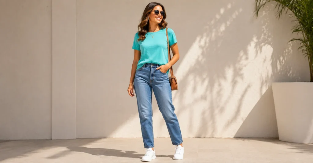Casual Turquoise Outfit with blue jeans and white sneakers.