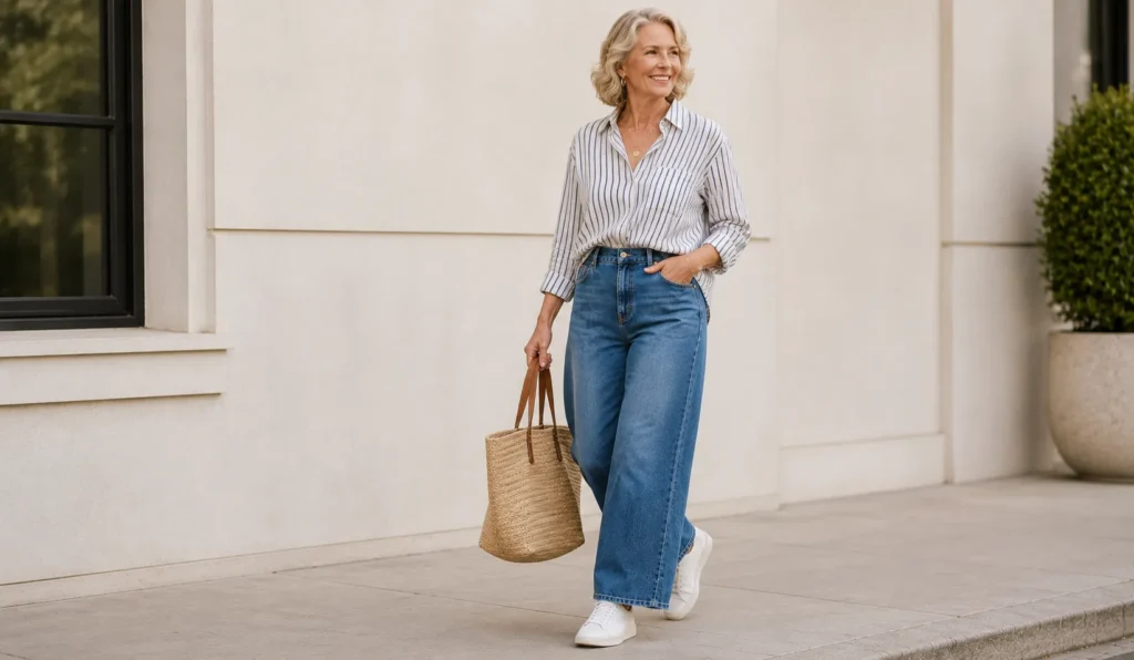Wide-leg Senior Jeans 2027 outfit with striped blouse and comfortable sneakers.