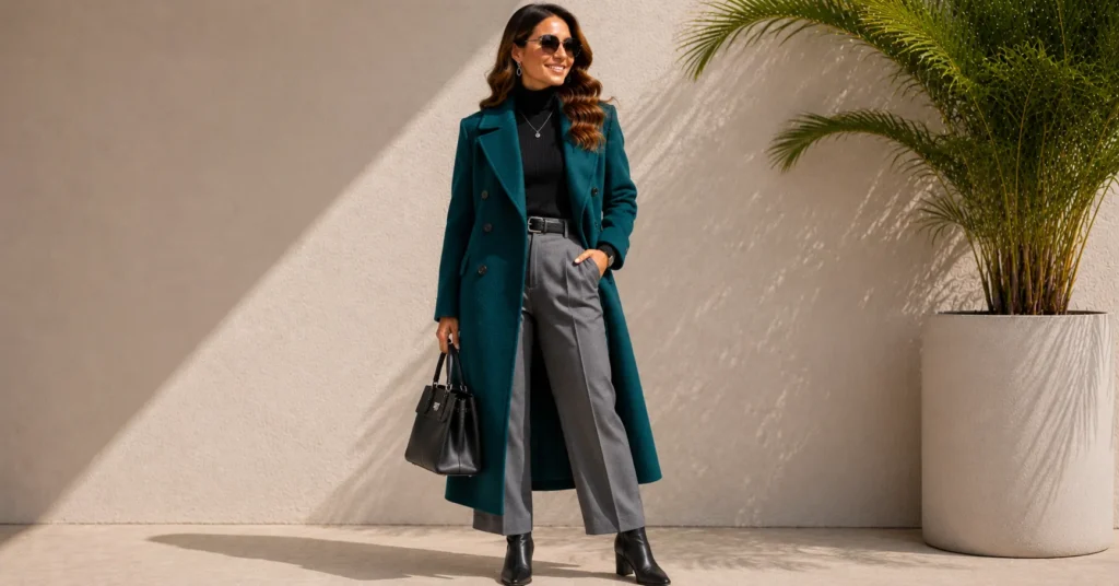Winter Turquoise Outfit with teal wool coat and black layers.
