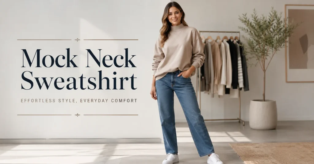 Mock Neck Sweatshirt styled with jeans and white sneakers for a modern casual fashion look