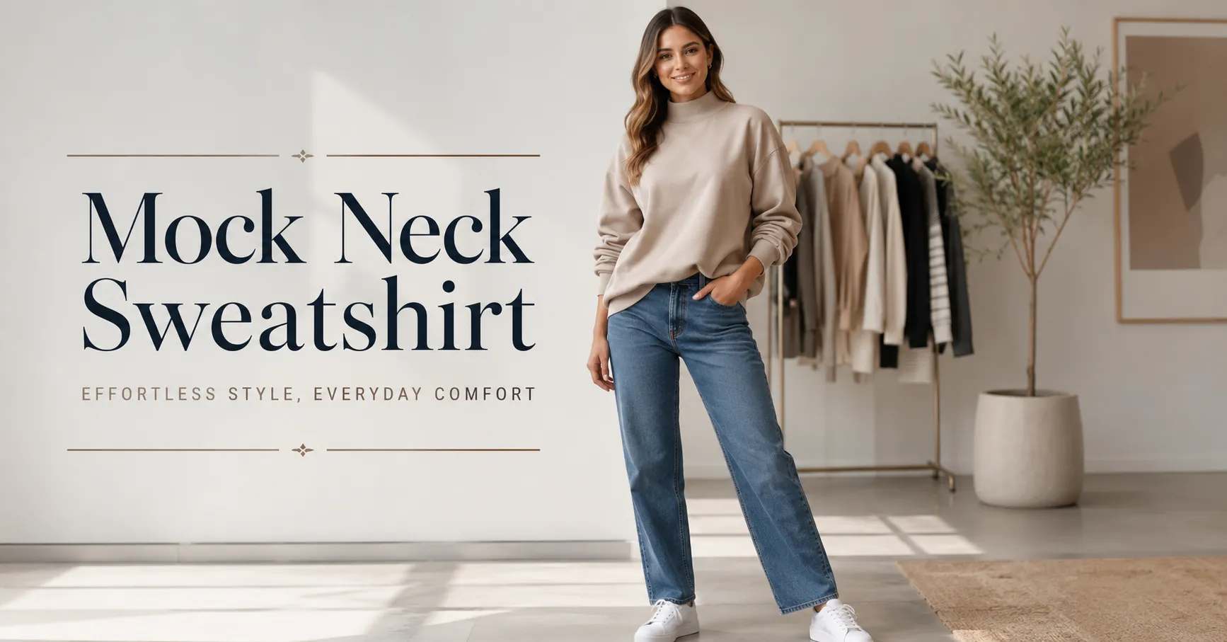 Mock Neck Sweatshirt styled with jeans and white sneakers for a modern casual fashion look