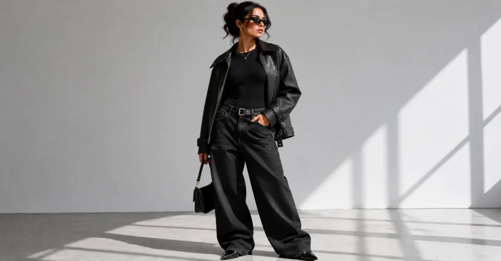 Monochrome oversized jeans outfit showcasing modern all-black denim styling.