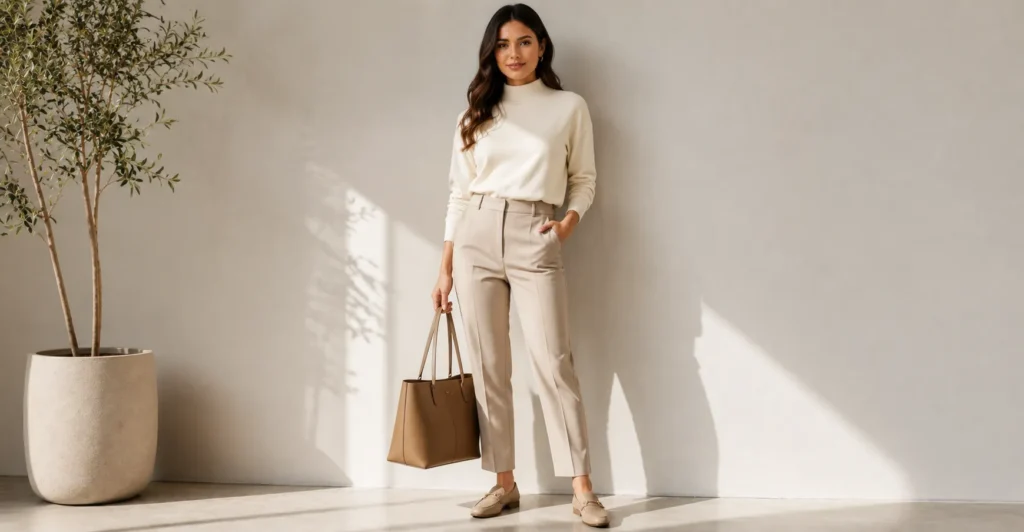 Mock Neck Sweatshirt styled with tailored trousers for a smart casual office outfit.