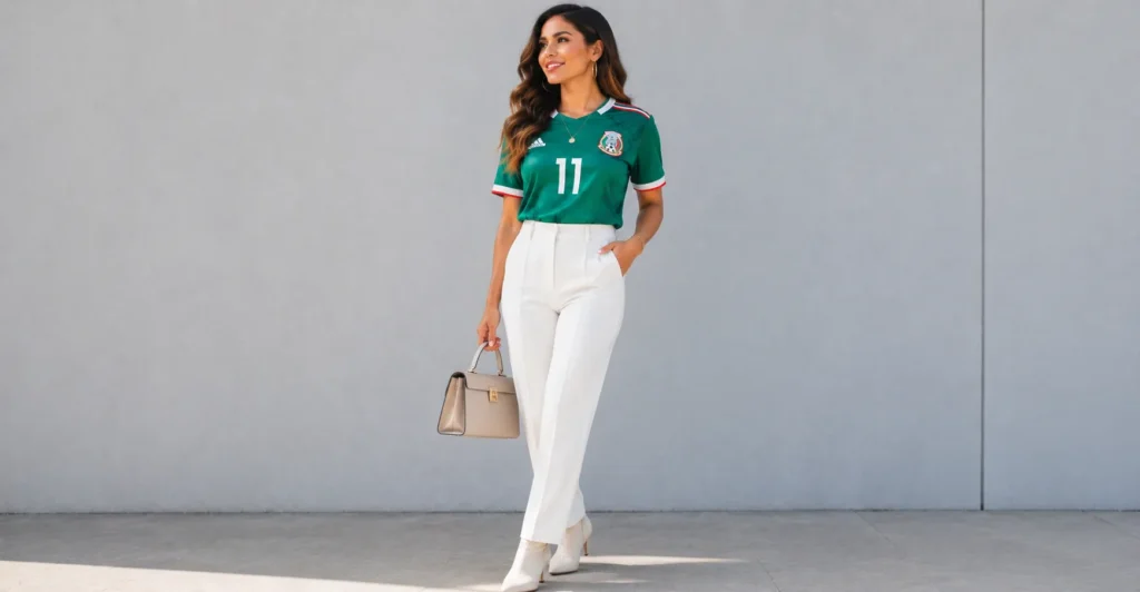 Dressy Mexico jersey outfit woman with white trousers and ankle boots.