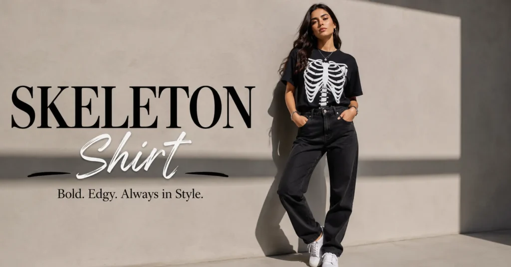 Stylish woman wearing a skeleton shirt with black jeans and white sneakers in a modern editorial fashion look.