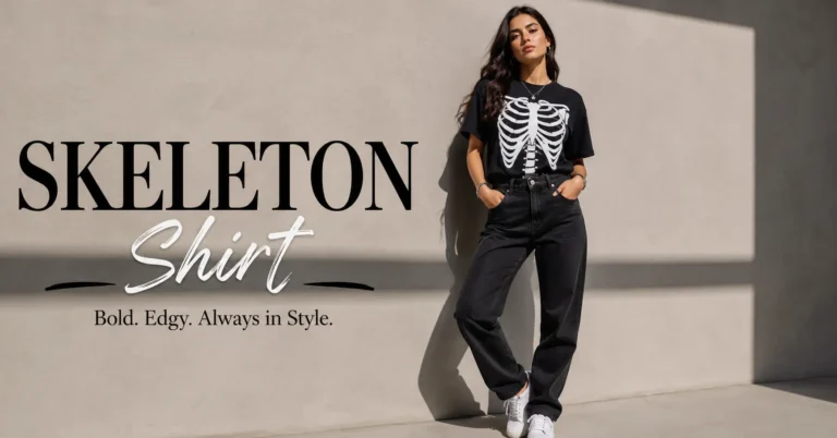 Stylish woman wearing a skeleton shirt with black jeans and white sneakers in a modern editorial fashion look.