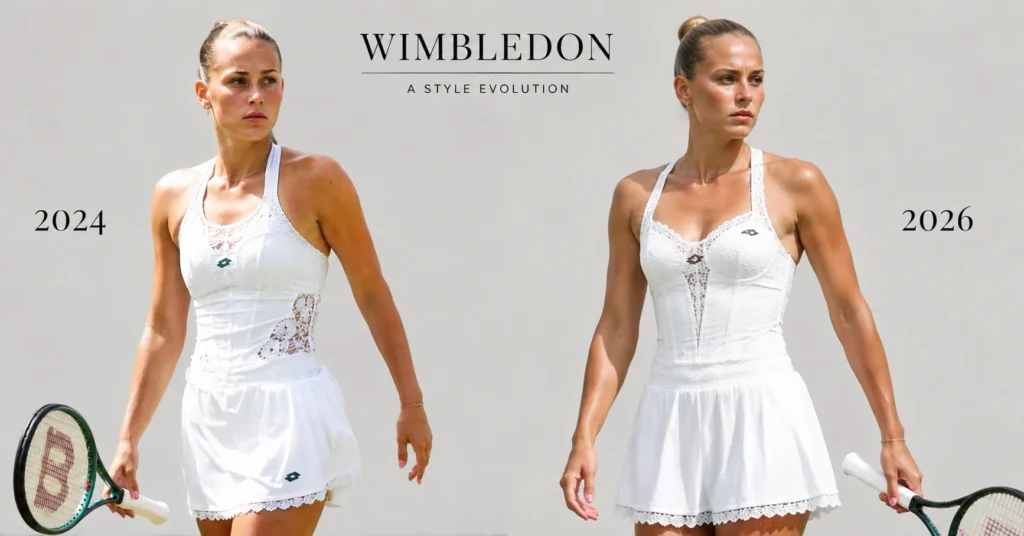 Marta Kostyuk Wimbledon Outfit comparison between the 2024 and 2026 tennis dresses.