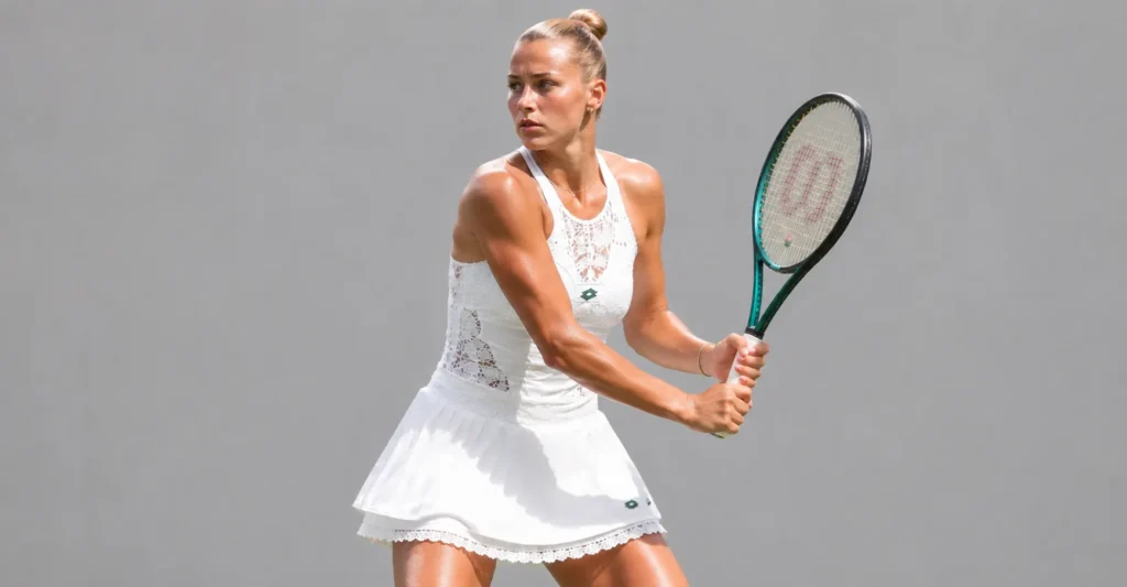 Marta Kostyuk Wimbledon Outfit featuring the elegant 2026 lace-inspired tennis dress.