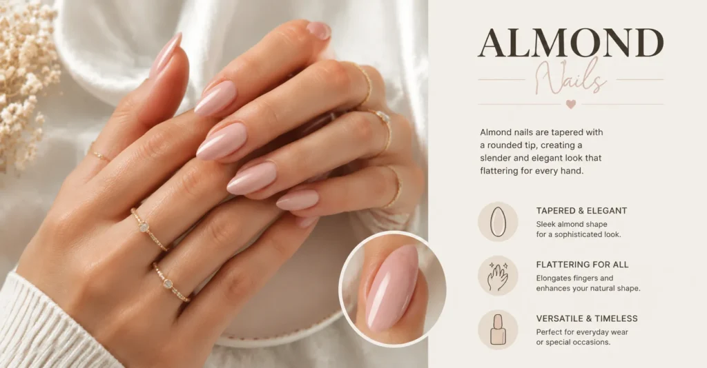 Almond Nails featuring a tapered elegant shape for a stylish elongated manicure look