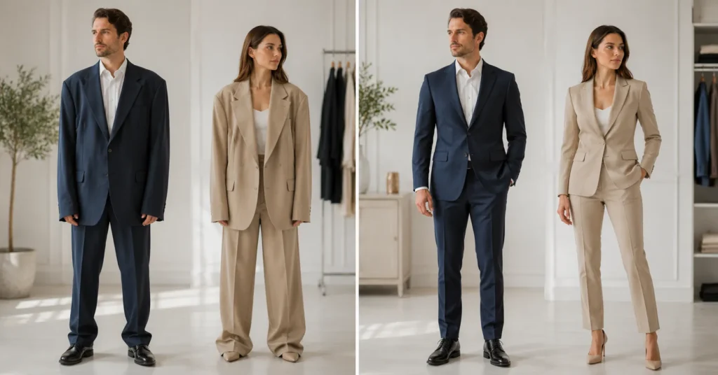 Altered Clothing before and after showing how professional alterations improve fit, comfort, and style