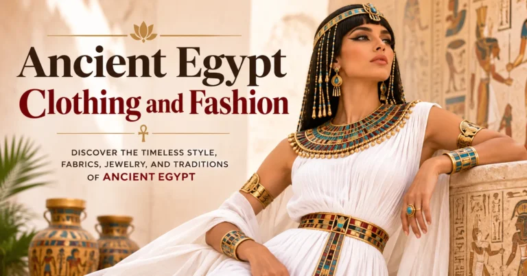 Ancient Egypt Clothing and Fashion featuring a woman wearing a linen kalasiris dress, jewelry, and traditional Egyptian accessories.