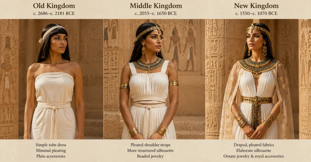 Ancient Egypt Clothing and Fashion: Garments, Status, and Style Along the Nile 11 Ancient Egypt Clothing and Fashion timeline showing changes from Old Kingdom to New Kingdom styles.