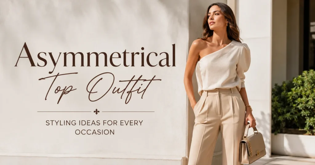 Asymmetrical Top Outfit featuring a cream one-shoulder top with tailored beige trousers and elegant accessories.
