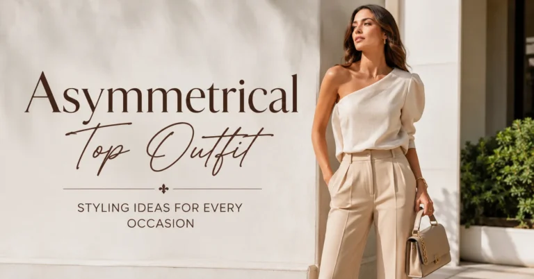 Asymmetrical Top Outfit featuring a cream one-shoulder top with tailored beige trousers and elegant accessories.