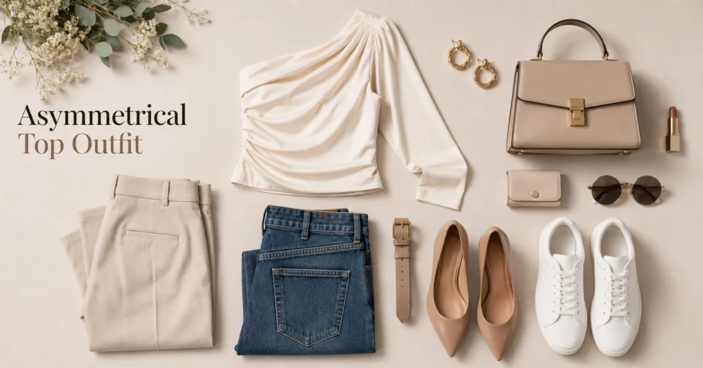 The Complete Asymmetrical Top Outfit Guide: Styling That Actually Works 8 Asymmetrical Top Outfit flat lay with one-shoulder top, trousers, jeans, shoes, and accessories.