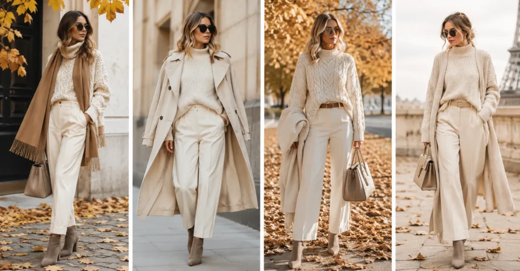 Autumn Off White Outfits featuring cosy cream knitwear and camel accessories