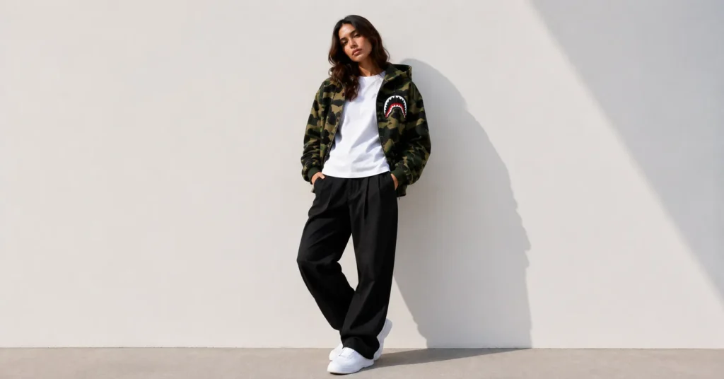 BAPE Outfit: The Ultimate Guide to Building an Iconic Streetwear Look 9 BAPE Outfit showing how to style bold camo correctly with simple neutral wardrobe basics