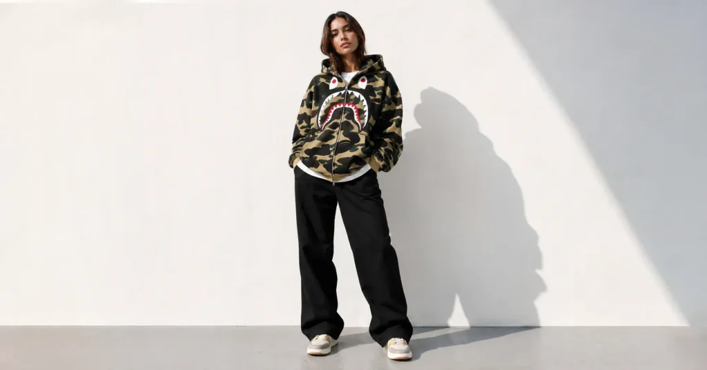 BAPE Outfit: The Ultimate Guide to Building an Iconic Streetwear Look 6 BAPE Outfit built around a statement camo hoodie with relaxed pants and clean sneakers