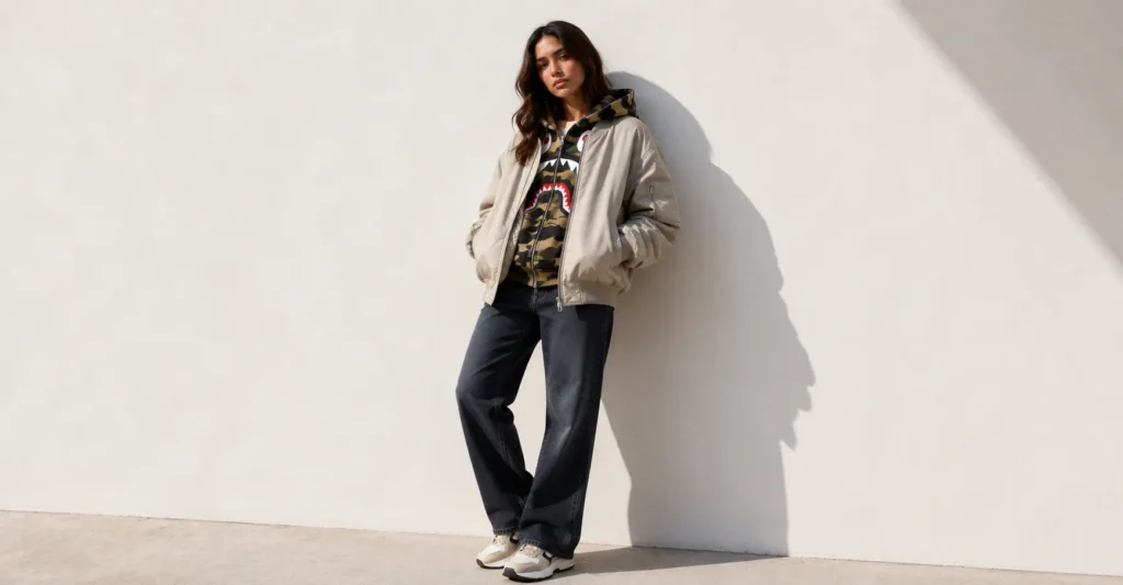 BAPE Outfit: The Ultimate Guide to Building an Iconic Streetwear Look 8 BAPE Outfit featuring a layered cold-weather look with a camo hoodie, bomber jacket, and chunky sneakers