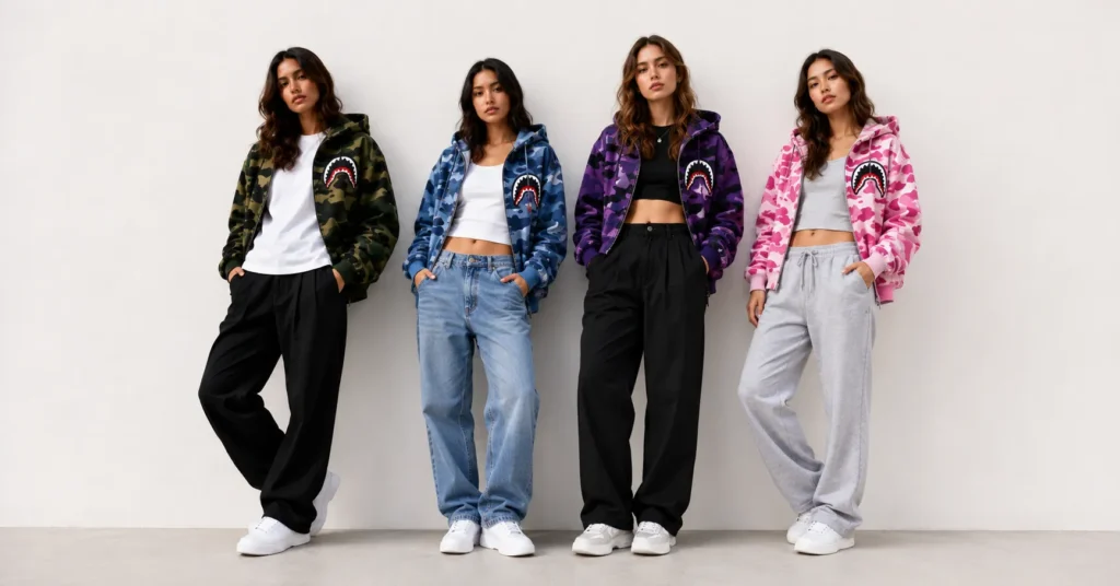 BAPE Outfit: The Ultimate Guide to Building an Iconic Streetwear Look 10 BAPE Outfit color guide featuring green, blue, purple, and pink camo streetwear combinations