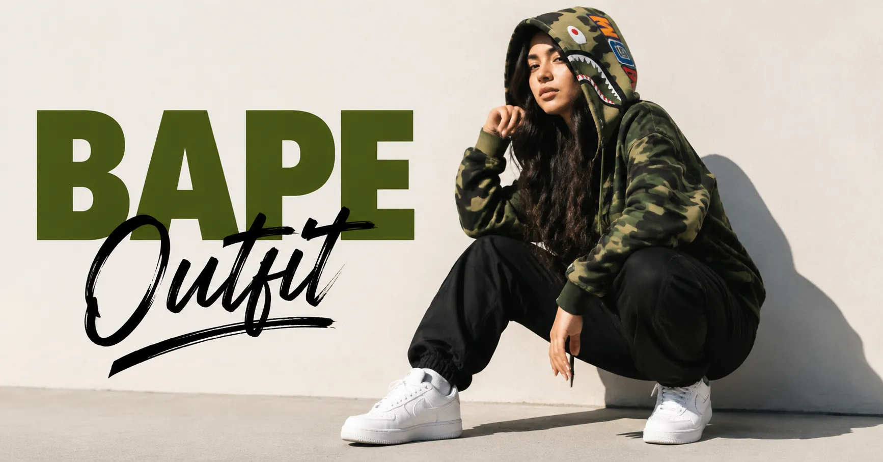 Home 11 BAPE Outfit featuring a stylish camo hoodie, black cargo pants, and clean sneakers for an iconic streetwear look