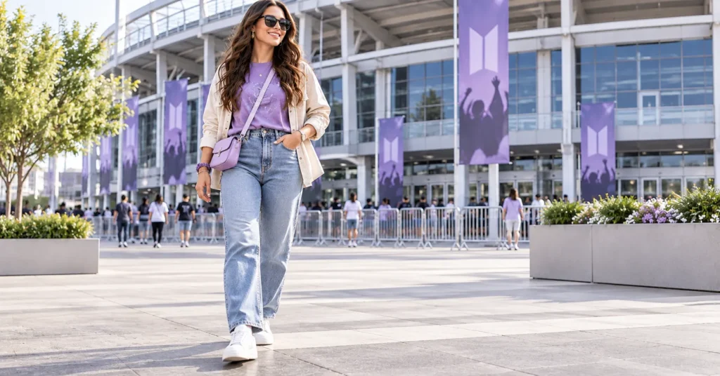 Comfortable stadium concert outfit with layers BTS Concert Outfit Ideas