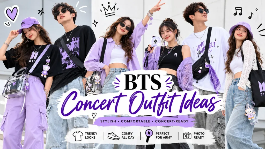 BTS concert outfit ideas featuring stylish K-pop inspired concert fashion with coordinated purple accents.
