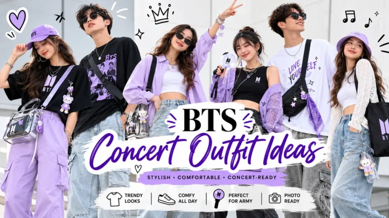 BTS concert outfit ideas featuring stylish K-pop inspired concert fashion with coordinated purple accents.
