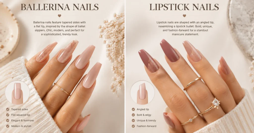Ballerina and Lipstick Nail Shapes featuring creative modern manicure variations
