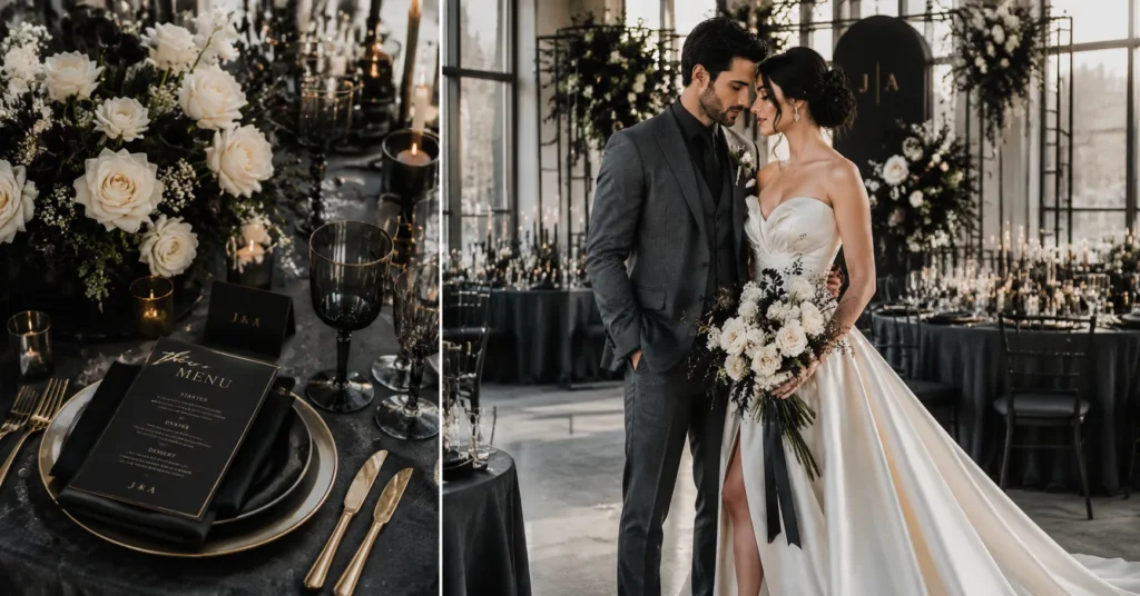 Moody Wedding Aesthetic: How to Create a Dark, Romantic Celebration 4 Black and Charcoal moody wedding aesthetic with elegant modern wedding decor and romantic luxury styling