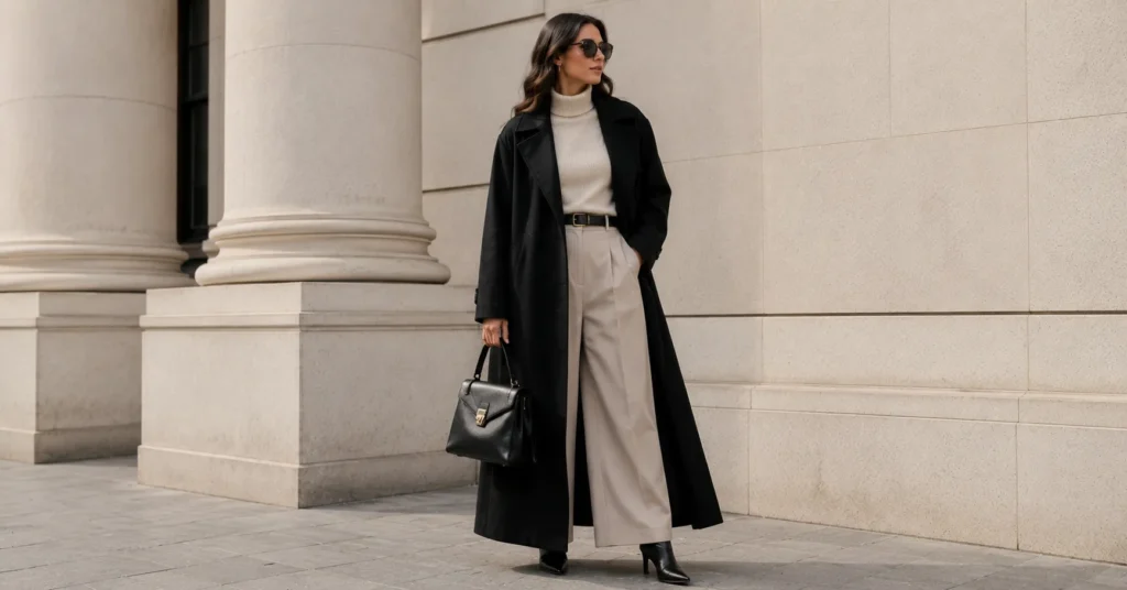 Black Coats Outfit Ideas: Classic, Casual & Dressy Looks to Try 6 Black Coats Outfit Ideas showcasing an elegant black longline maxi coat