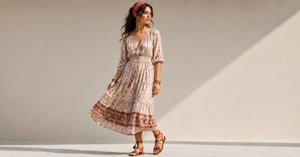 Red Bandana Outfit featuring a boho festival look with a flowing dress and bandana hair accessory