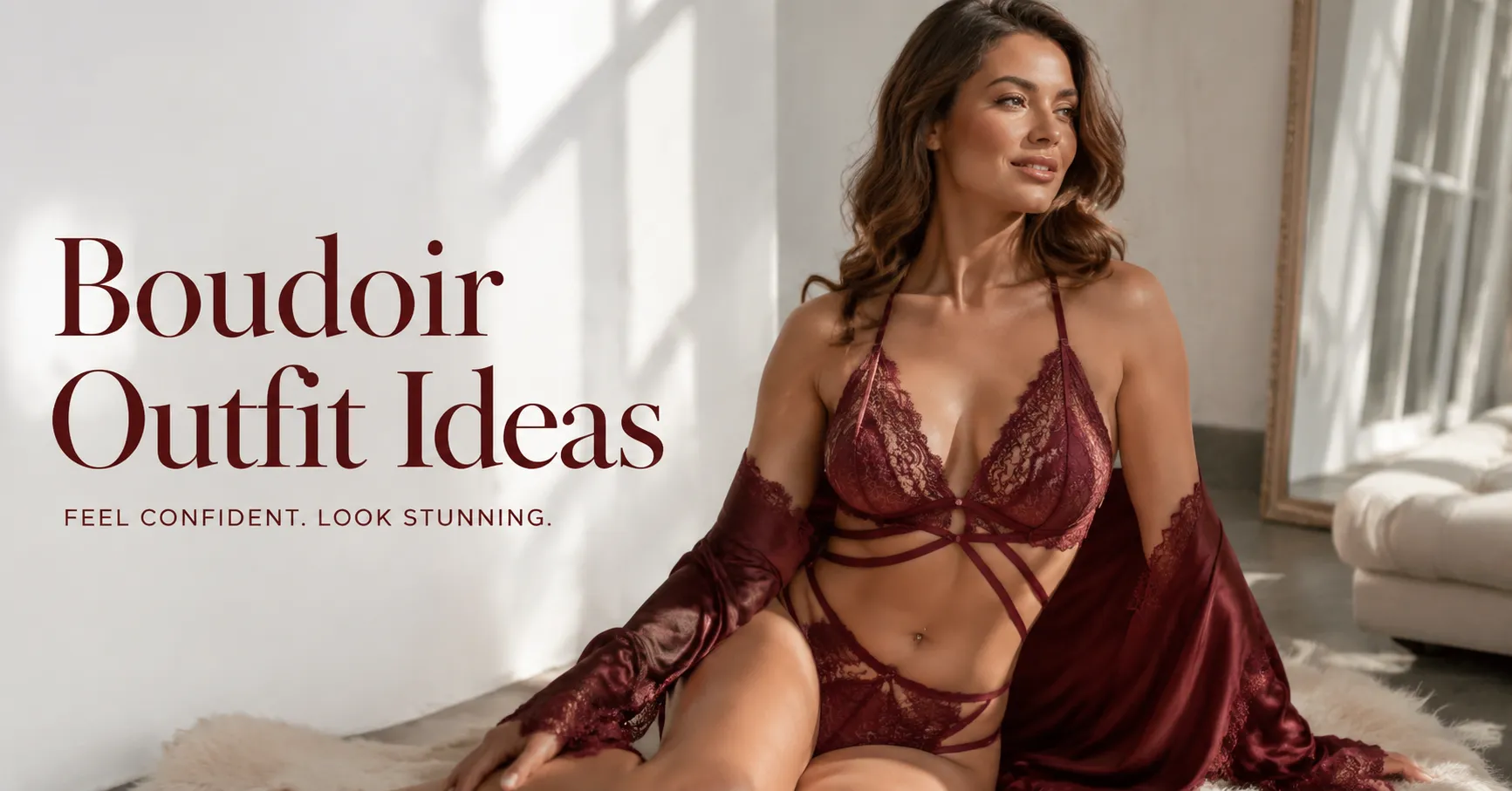 Boudoir outfit ideas featuring an elegant lace and silk fashion look photographed in bright editorial style.