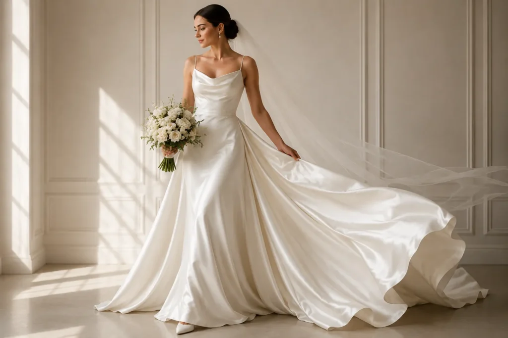 Satin and Silk Wedding Dresses: How to Choose the Right Fabric for Your Big Day 8 Satin and Silk Wedding Dresses highlighting bridal elegance through luxurious fabric texture, shine, and graceful movement