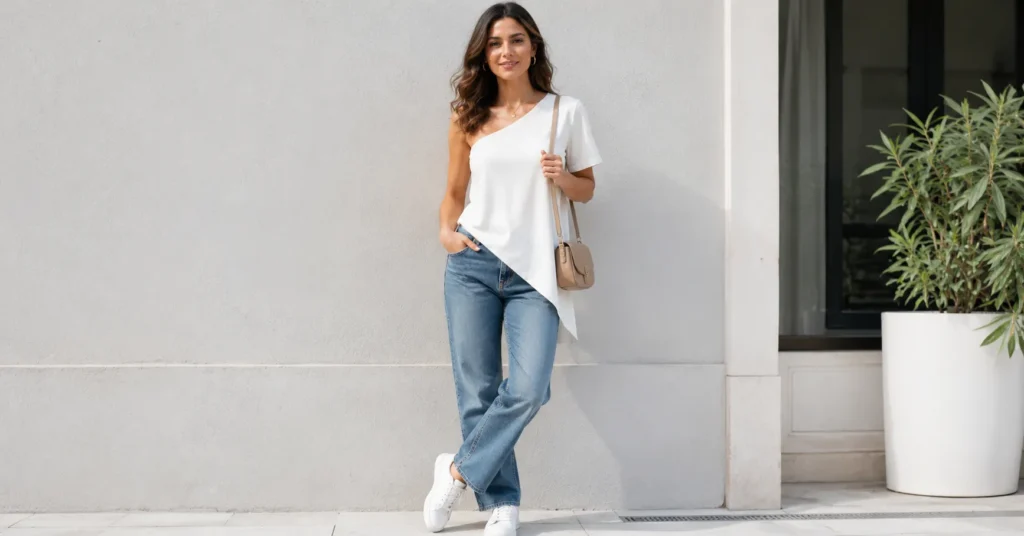 The Complete Asymmetrical Top Outfit Guide: Styling That Actually Works 4 Casual Asymmetrical Top Outfit with a white high-low top, jeans, sneakers, and simple accessories.