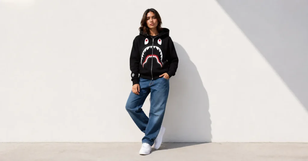 BAPE Outfit: The Ultimate Guide to Building an Iconic Streetwear Look 7 BAPE Outfit featuring a casual everyday hoodie look with straight-leg jeans and white sneakers