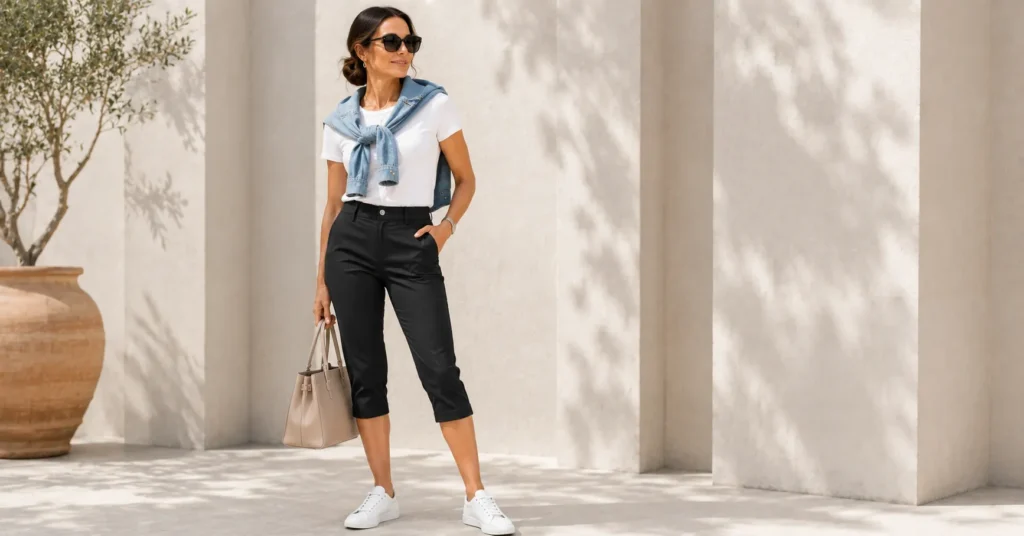 Casual Pedal Pushers Outfits with sneakers and a classic white tee