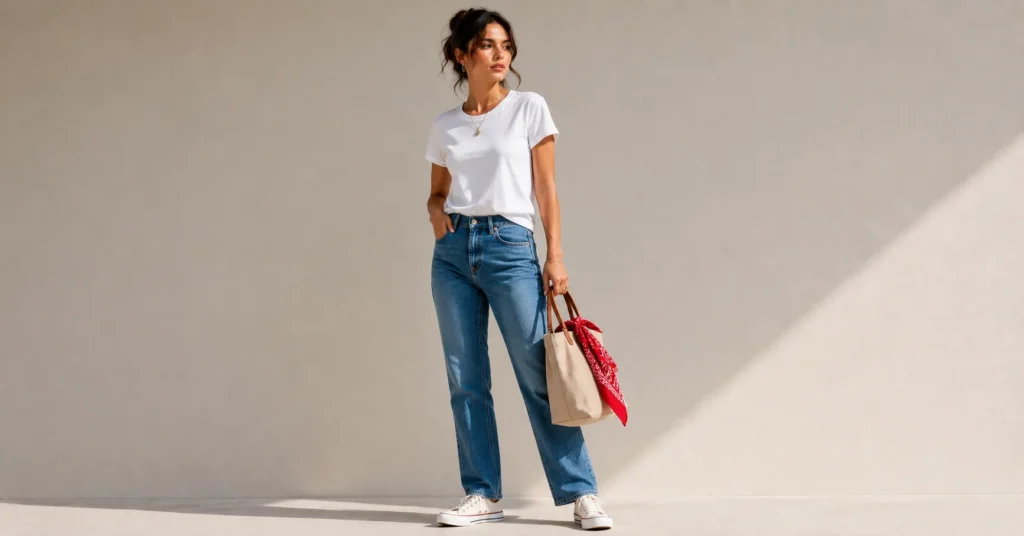 Red Bandana Outfit featuring an effortless everyday casual look with jeans and a bandana bag accent