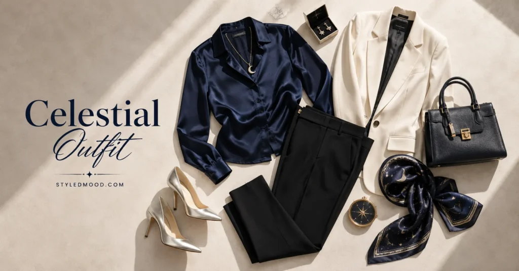 The Celestial Outfit Guide Stylists Wish You Had 8 Celestial Outfit flat lay featuring coordinated celestial-inspired clothing and accessories.