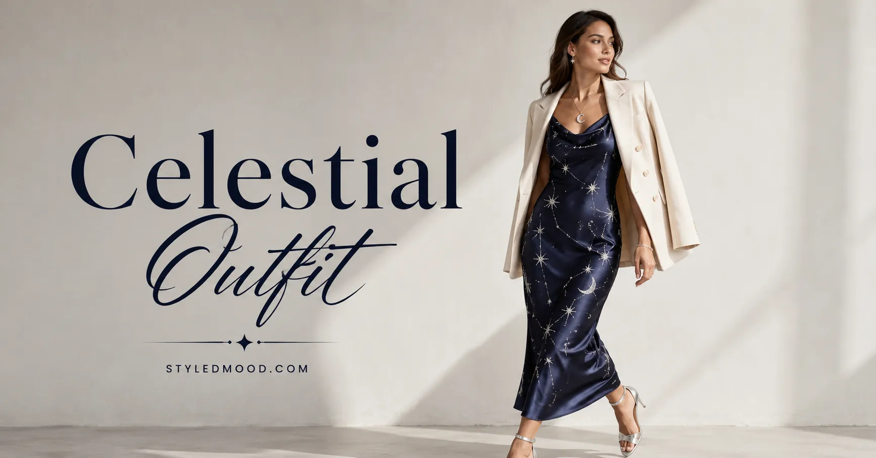 Celestial Outfit featuring an elegant midnight blue dress with subtle star embroidery and modern celestial accessories.