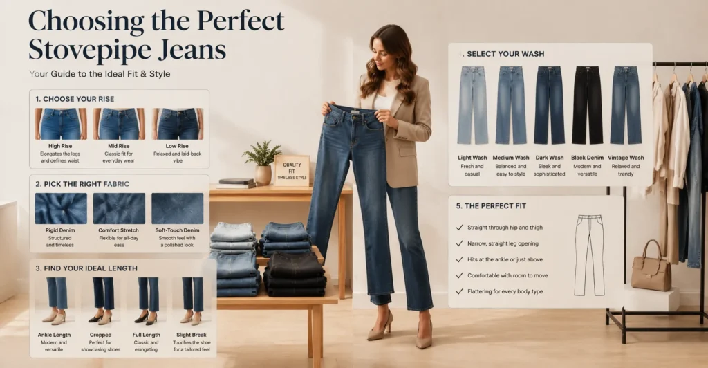 Stovepipe Jeans Explained: Powerful Fashion Tips & Outfit Ideas 6 Choosing the right stovepipe jeans with perfect fit, rise, length, and denim style