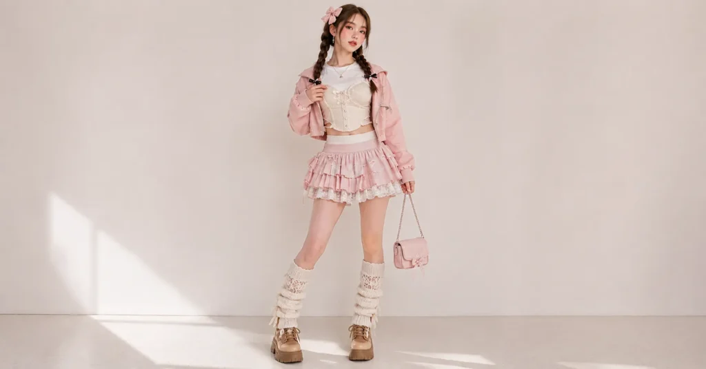 Douyin Dress to Impress classic pink outfit with a layered top, frilly skirt, leg warmers, chunky boots, and hair bow.