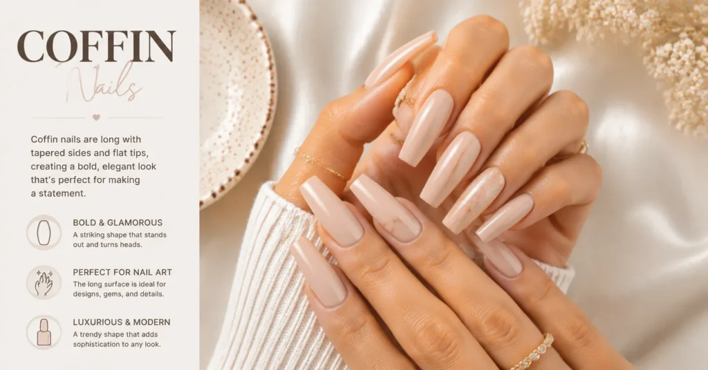 Coffin Nails featuring glamorous long tapered manicure design with modern nail art