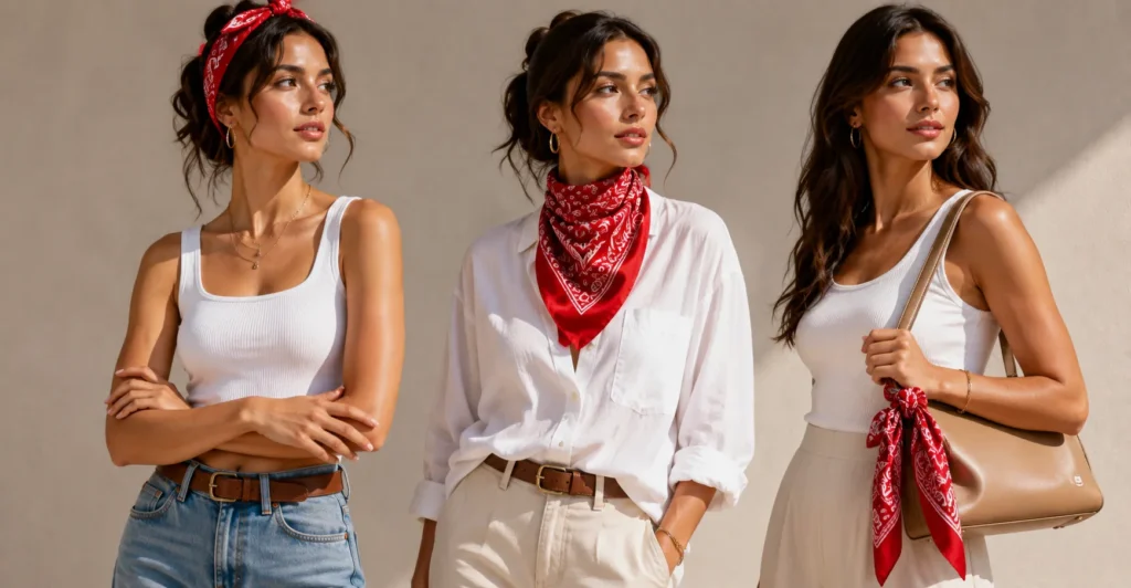 Red Bandana Outfit color combinations with denim blue, white, black, and neutral tan clothing