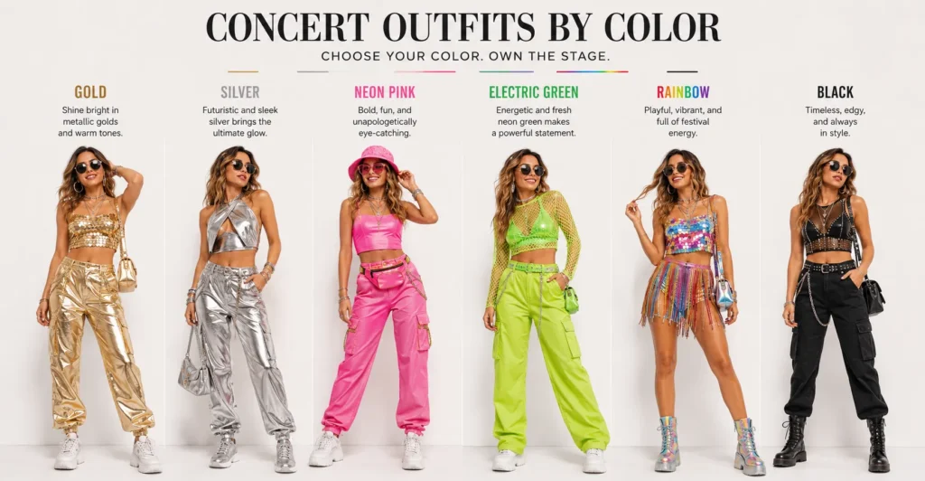 Colorful Kesha Concert Outfit Ideas featuring metallic and neon fashion
