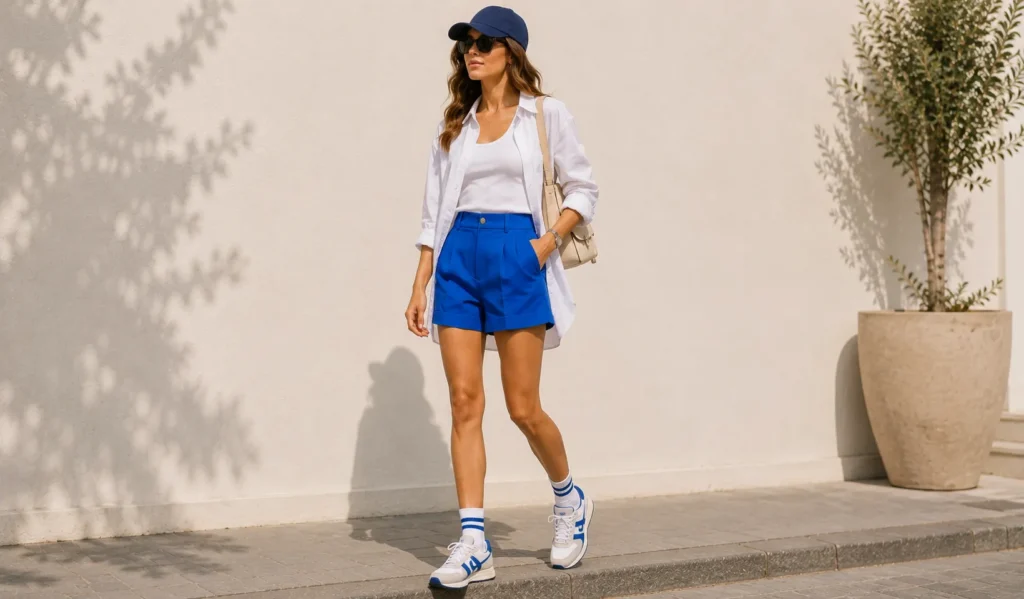 Colorful Micro Shorts Trend featuring a sporty electric blue outfit