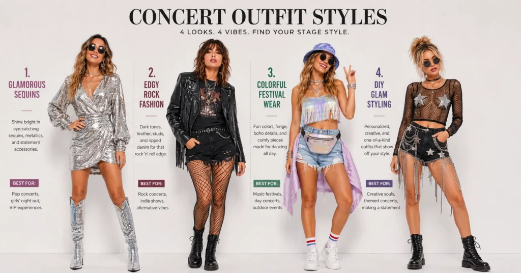 Comparison of Kesha Concert Outfit Ideas including glam, edgy, festival, and DIY styles
