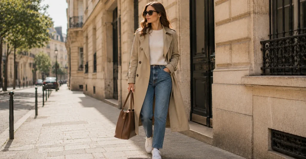 Parisian Outfits: The Ultimate Guide to Effortless French Style 12 Cozy weekend Parisian Outfits with a cashmere sweater, jeans and trench coat